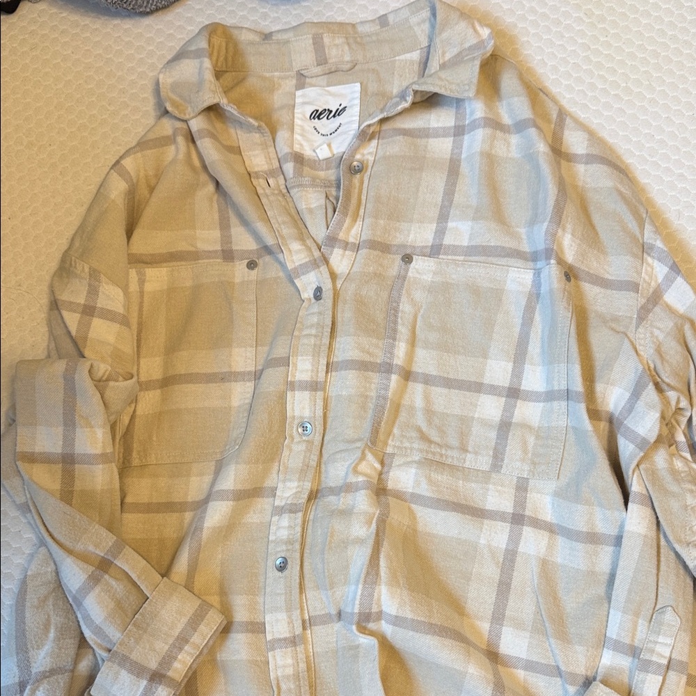 Aerie Beige and Cream Plaid Shirt